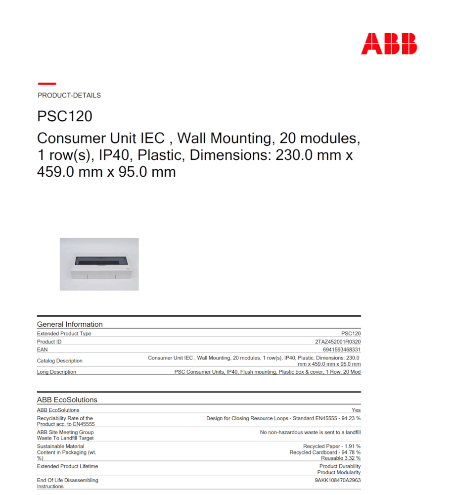 ตู้คอนซูมเมอร์ใส่เบรกเกอร์ 20 ช่อง ABB PSC120 Consumer Unit IEC IP40 Plastic Box & Cover